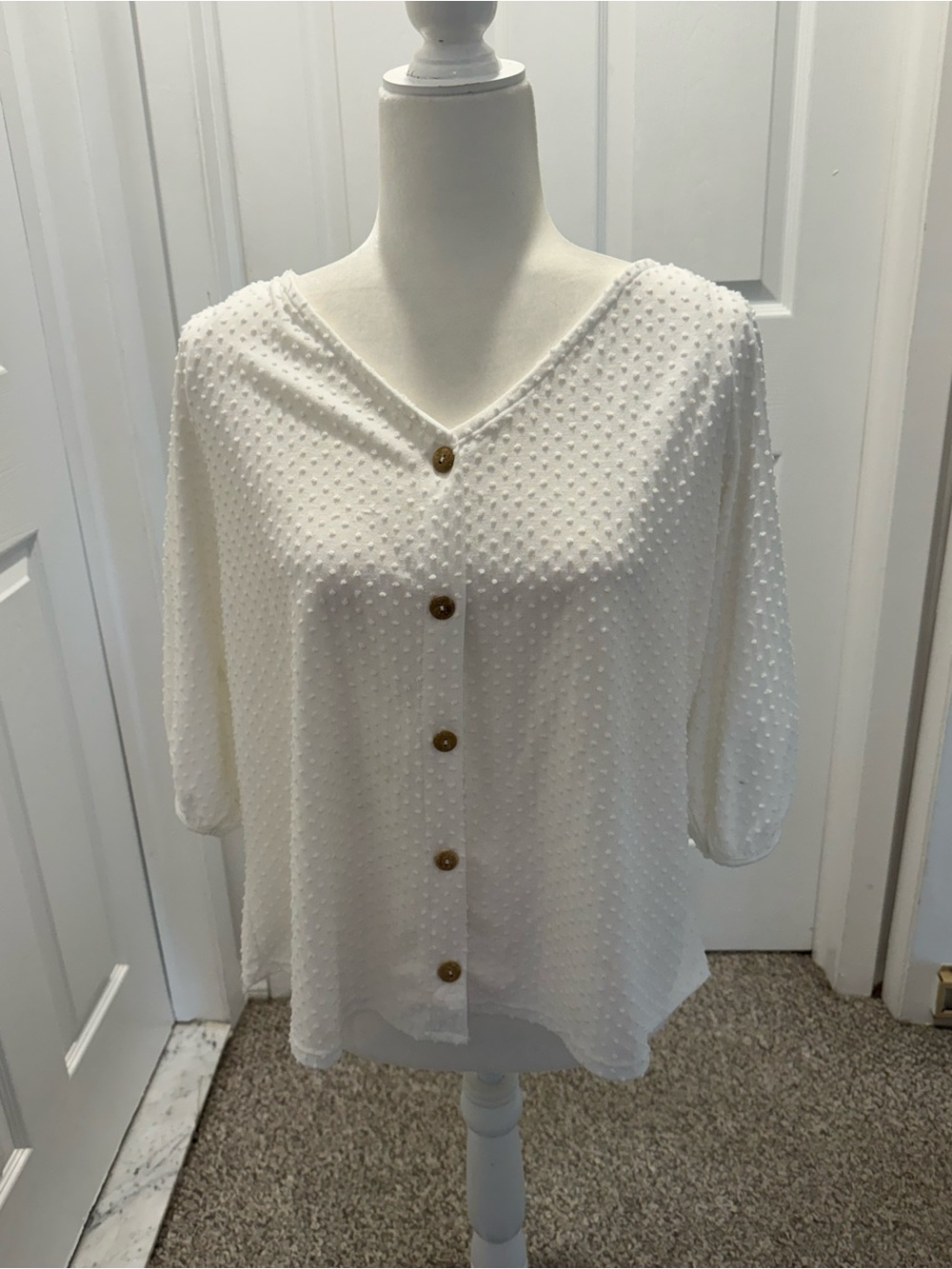 Textured White Button-Front V-Neck Women’s Top